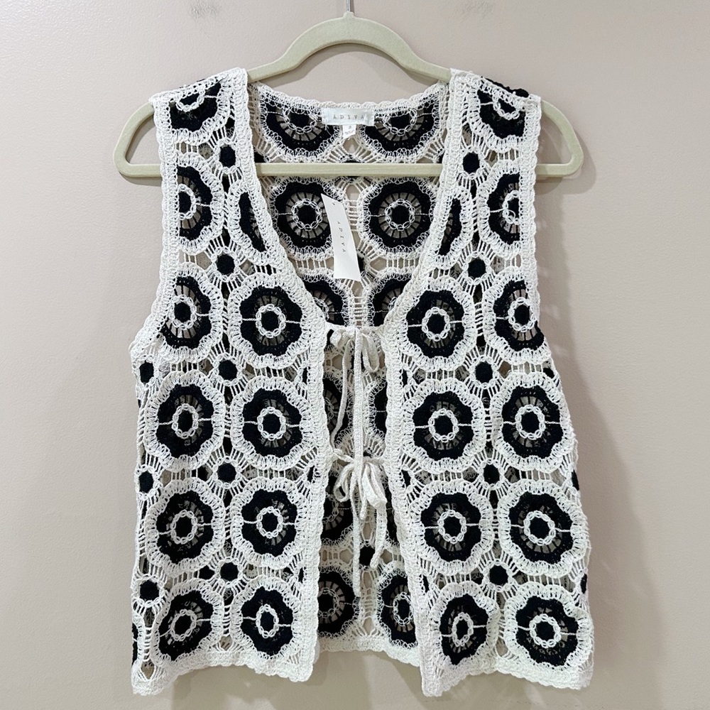Adiva Crochet Stitch Vest Top Open Front Tie Boho Floral Cream Black Women S